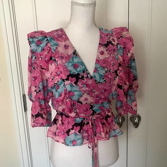 WAYF Colorful Floral Print Wrap Blouse Puff Sleeve - Picture 4 of 10